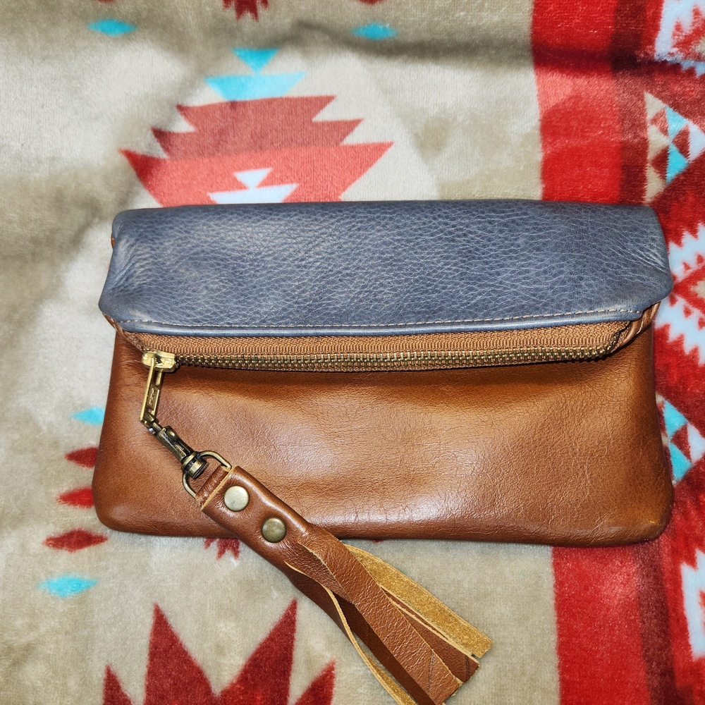 Two-Tone Brown and Gray Leather Fold-Over